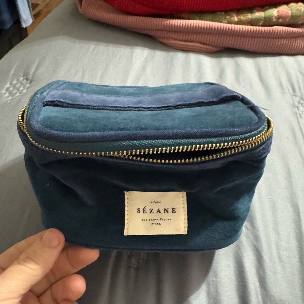 Sézane blue teal small cosmetic case pouch